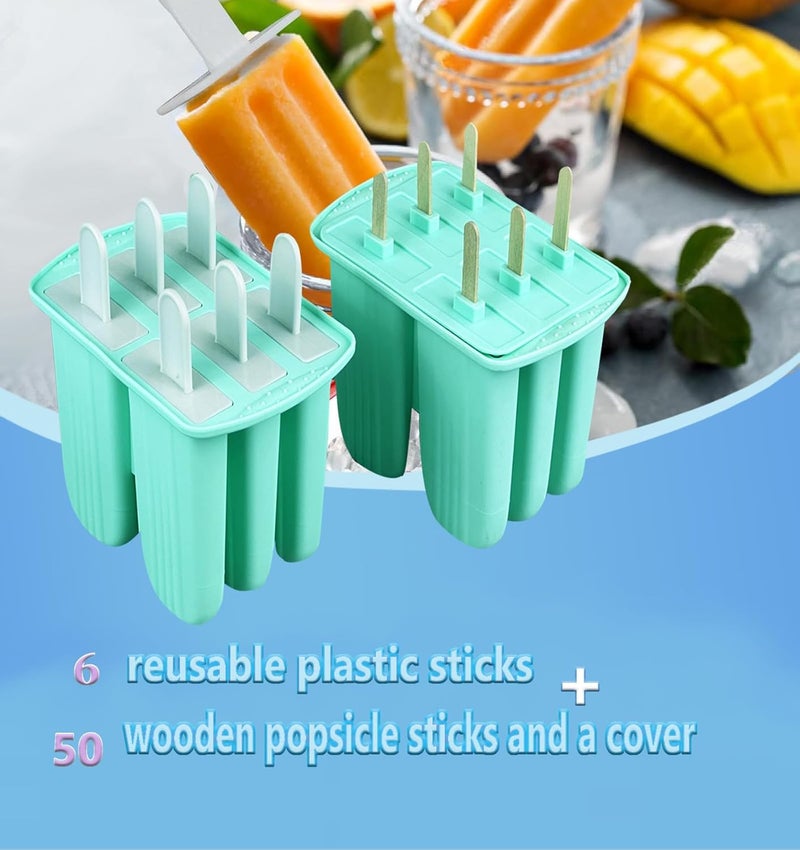 Wpunwen Silicone Popsicle Molds with Sticks 6 Cavity Ice Popsicle MoldsIce Cream Mold with Clean Brush 6 Reusable Sticks 50 Sticks 50 Bags Green - Image 2